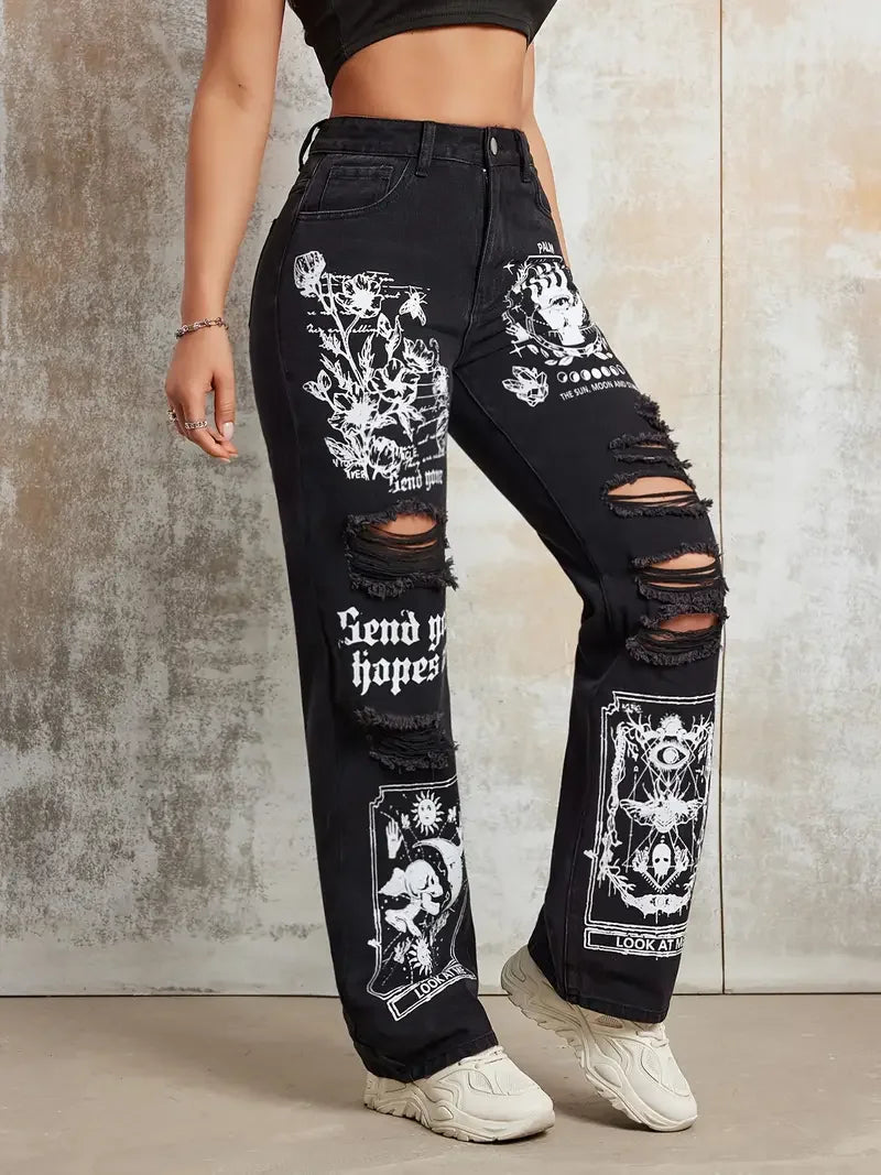 Women's Jeans™ Print Ripped Straight Jeans