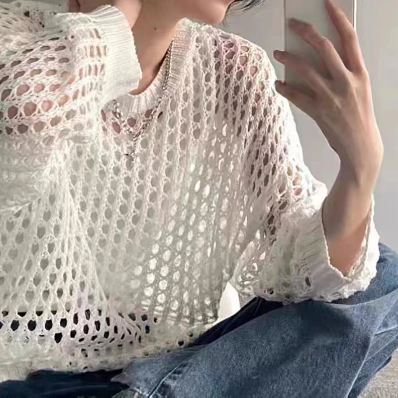 HELIAR Women's Hollow Out T-shirts™ Long Sleeve O-Neck Loose Casual Knit Sweater
