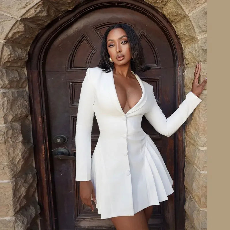 Women's Elegant Dress™ Single-breasted Pleated Mini Dress Fashion Deep V-neck Long Sleeved A-line Dresses