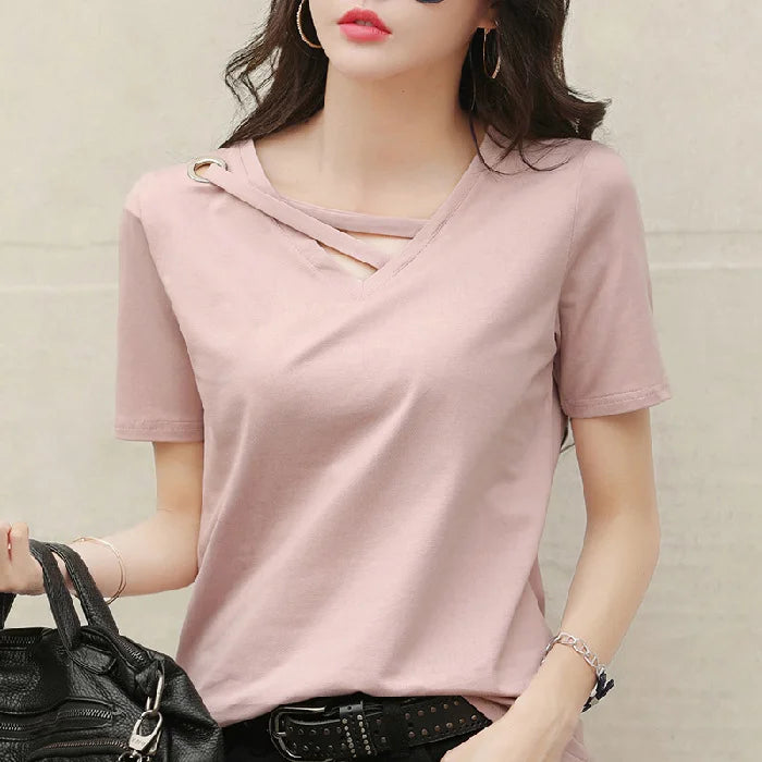 Women Short Sleeve Heart-neck T-shirt™ Half-sleeve Loose Tops