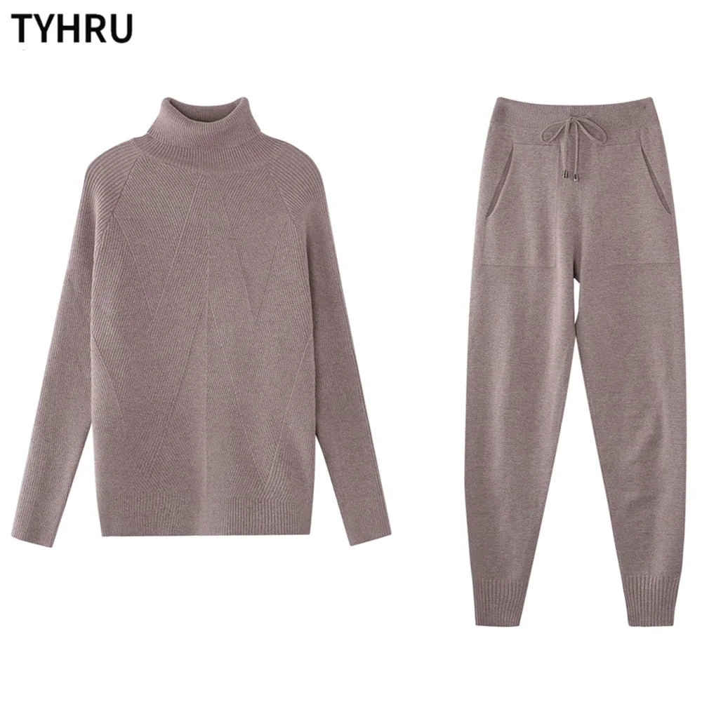 Women's tracksuit™ TYHRU Autumn Winter Knitted Striped Turtleneck Sweater and Elastic Trousers Set