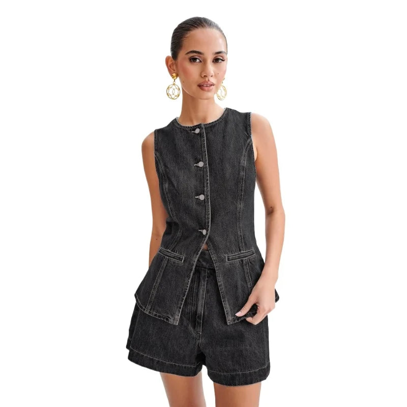 Women's Sleeveless High Waist Summer Suit™ Denim Shorts Sleeveless Vest Set