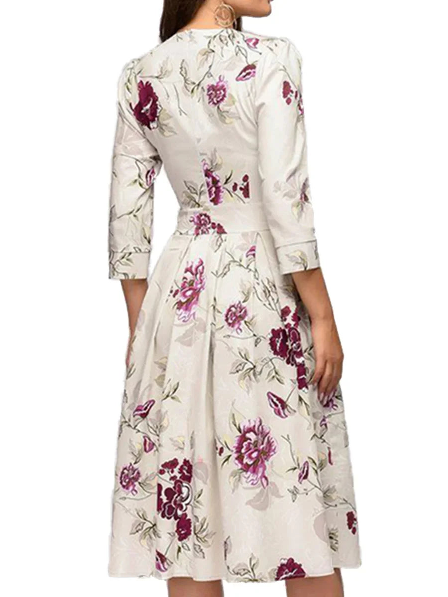 Women's Dress™ Seven-eighth Sleeve Printed A- line Ruffles Dress