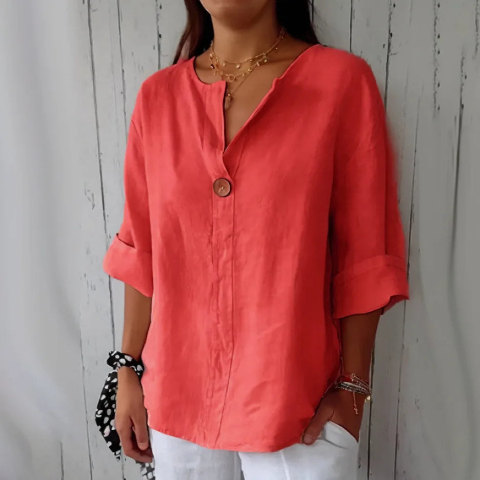 Women's Summer loose T-shirt™ V-neck cotton and linen button tops