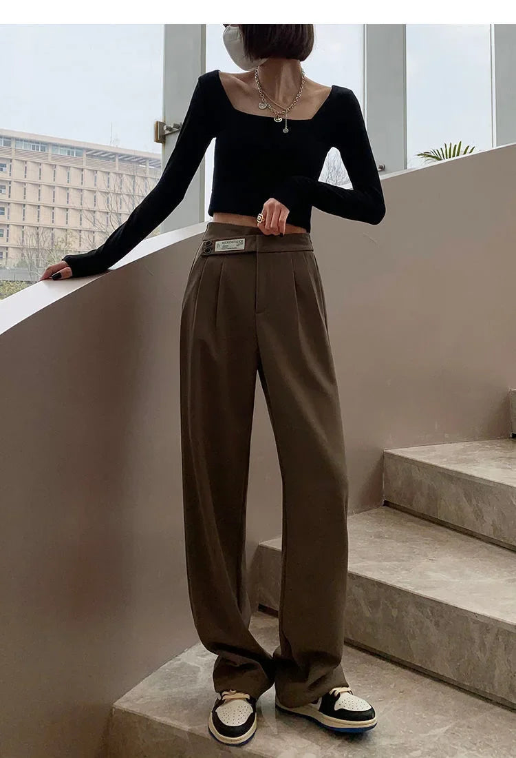 Women's High-Waisted Draped Bell Bottom Trousers™ Loose-Fit Floor-Length Straight-Leg Pants