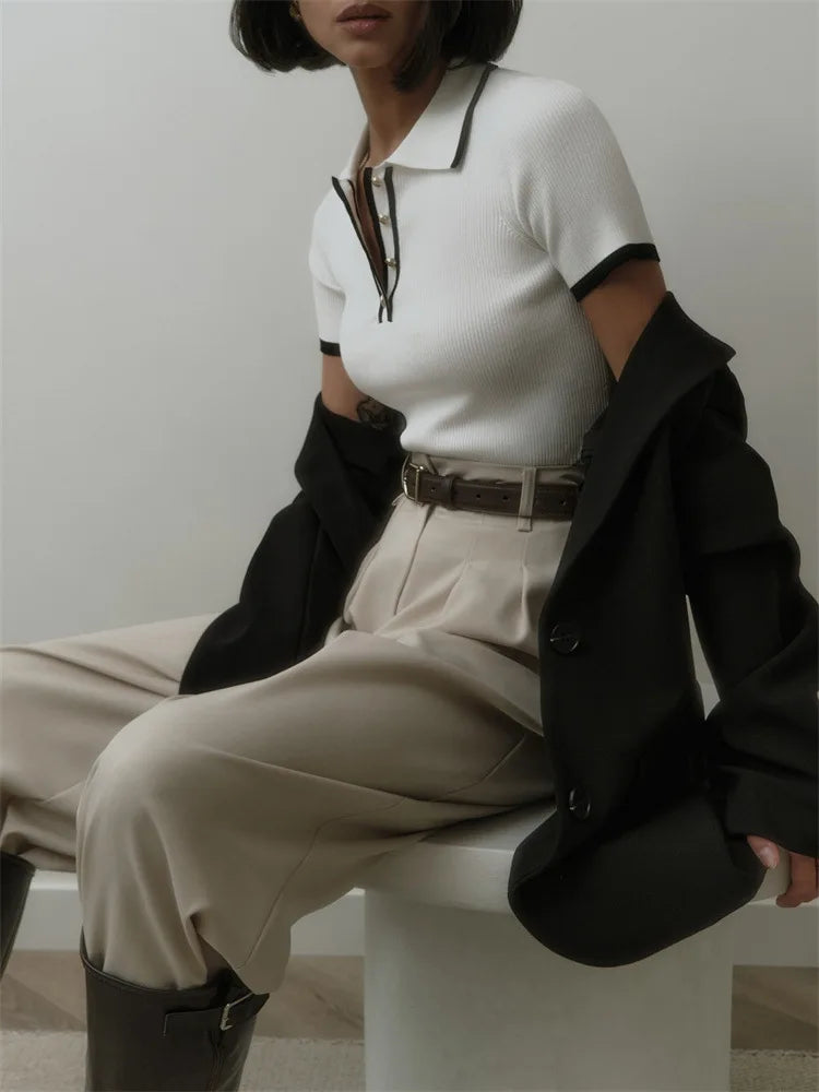 Women's Summer Knit Tops™ Short Sleeve Patchwork Slim Lapel Ribbed Tees