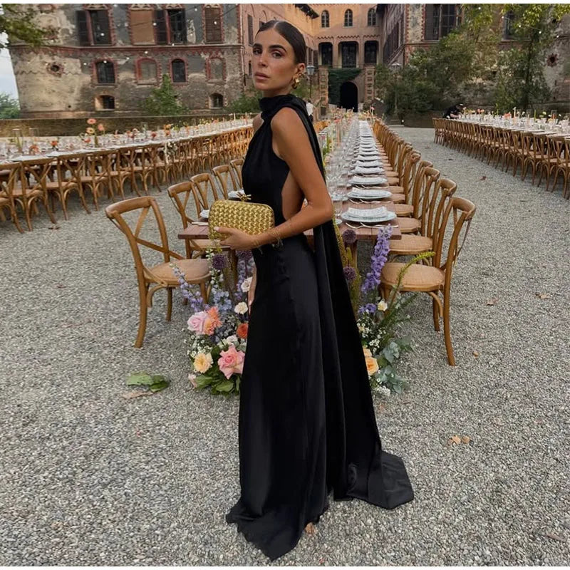 Women's Solid Ribbon Halter Dress™ Off Shoulder Sleeveless Backless Slim Maxi Dresses