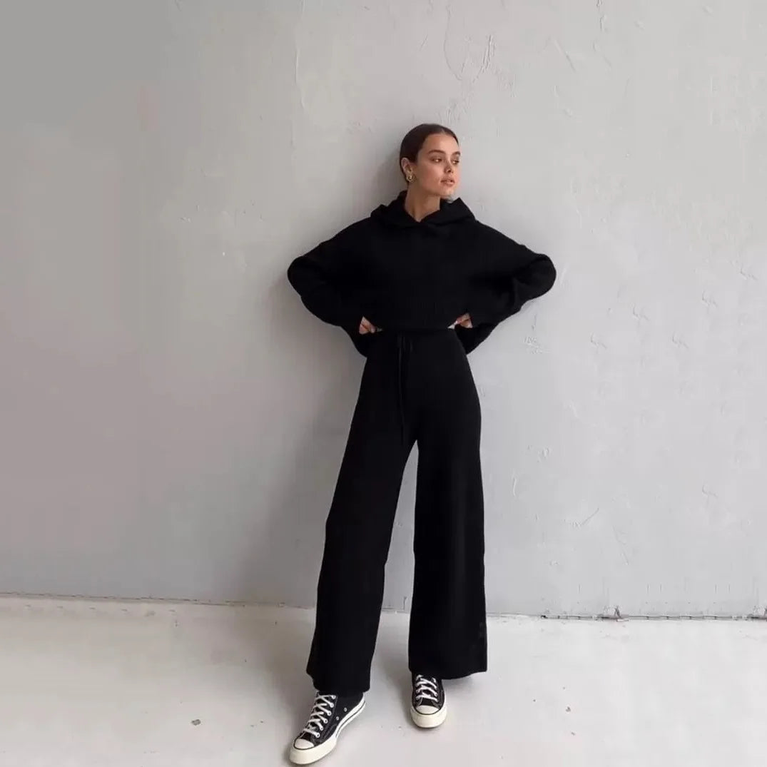 Women's Homewear Soft Pajamas ™ Loose Hooded Tops And Wide Leg Pants Suit