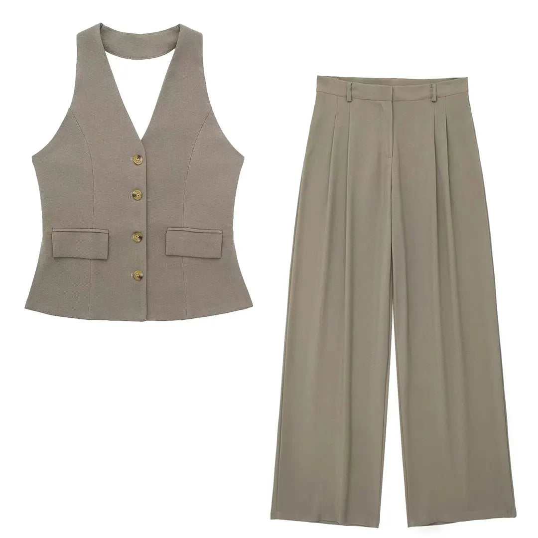Women's TRAFZA Suit™ Halter Single Breasted Sleeveless Blazer Vest Top + Zipper Fly Trousers Sets
