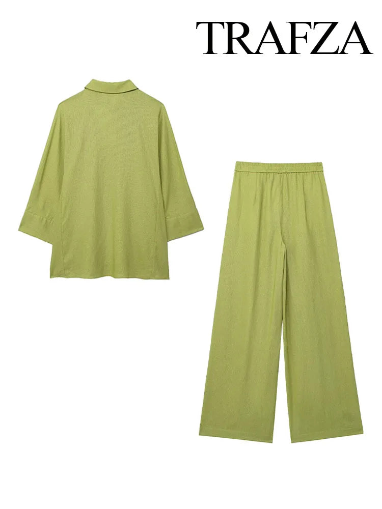 Woman's 2 Piece Set™ TRAFZA Elastic Waist Pocket Folds Decorate Wide Leg Pants Solid Single-Breasted Slit Hem Blouse Top