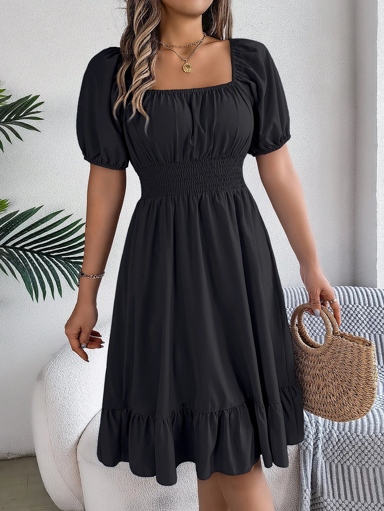 Women's Solid Puff Sleeve Square Neck Dress™ Ruched Bust Ruffle Hem Waist Dress,