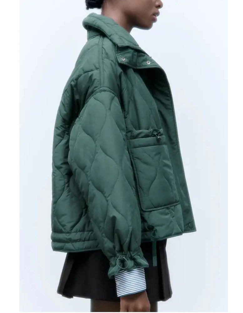 Women's Quilted Coat™ drawstring ties high neck pocket clip cotton jacket for women