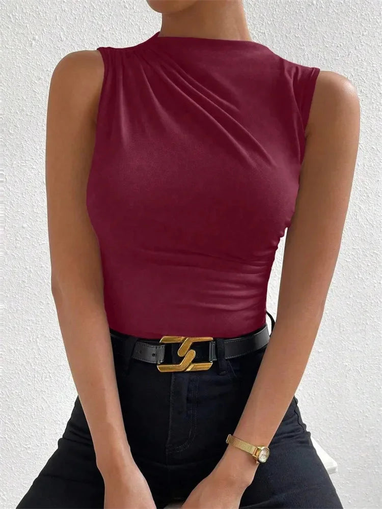 Women's Casual Mock Neck Tank Tops™ Solid Color Slim Fit Pleated Sleeveless T Shirt