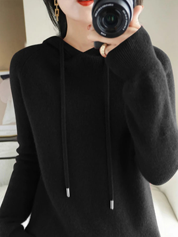 Women's Knitted Cashmere ™ Wool Sweater Hooded Neck Long Sleeve Pullover