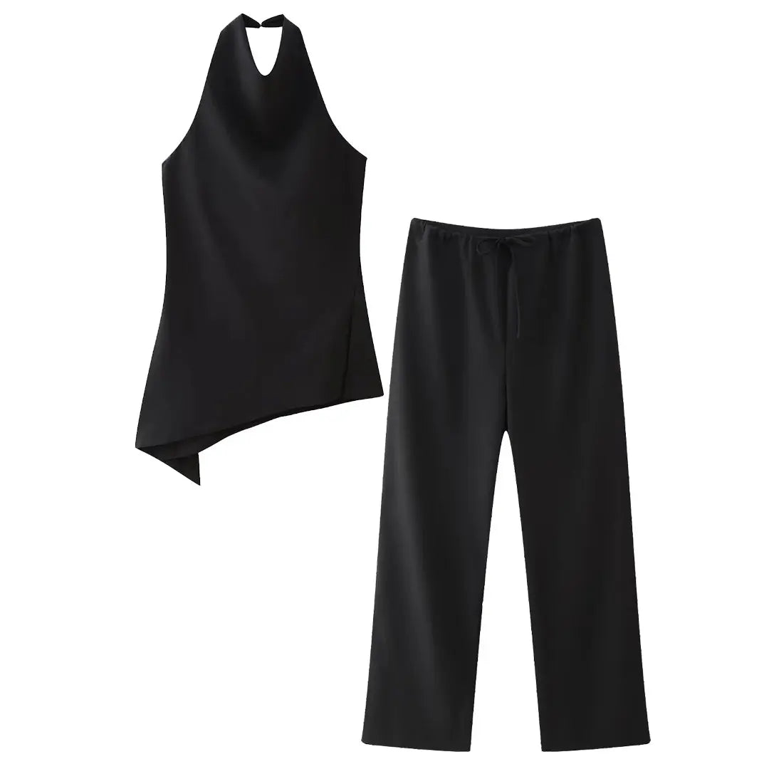 Women's TRAFZA Women Vintage Suits™ Backless Halter Asymmetric Tank Top + Drawstring Trousers