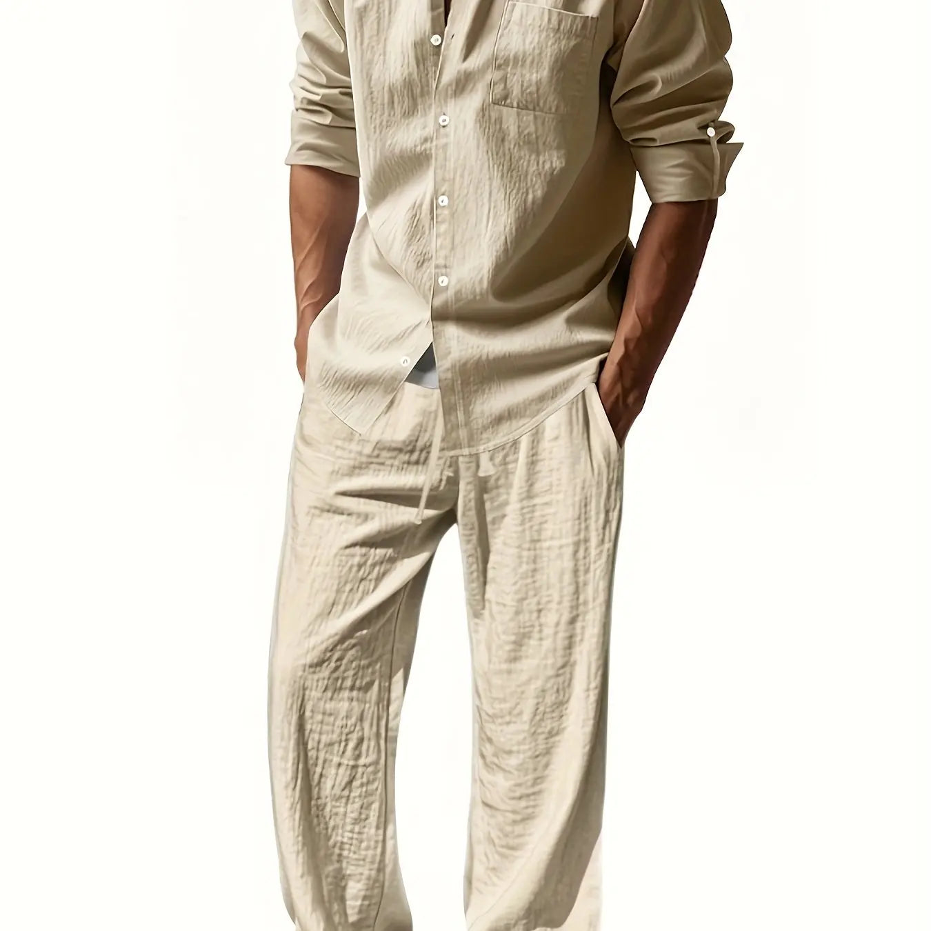 Men's Casual Linen Suit™ Long Sleeve Crew Neck T-shirt +Loose Fit Pants