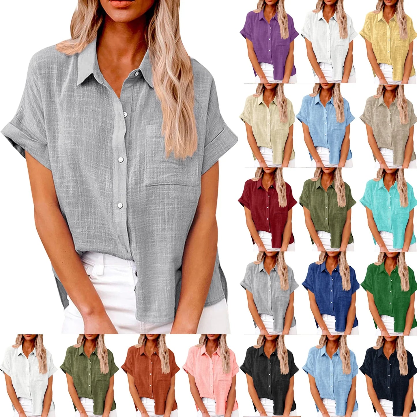 Women's Cotton Linen Classic Shirts™ Short Sleeve Lapel Button Down Shirt