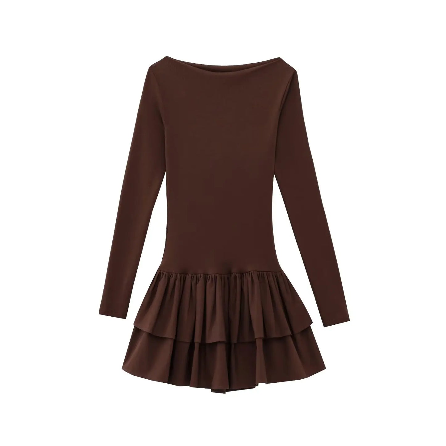 Women Dress™ TRAFZA Long Sleeve Dress Layered Hem Stretch Slim Brown Short Dress