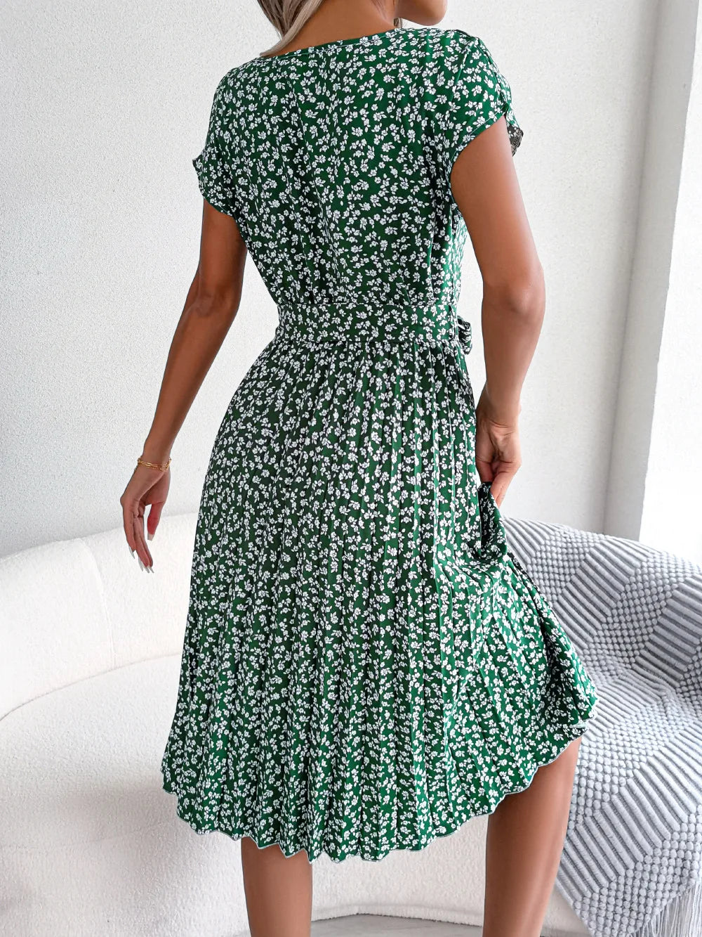Women Dresses™ Spring Summer Short Sleeve High Waist Floral Pleated A Line Long Dress