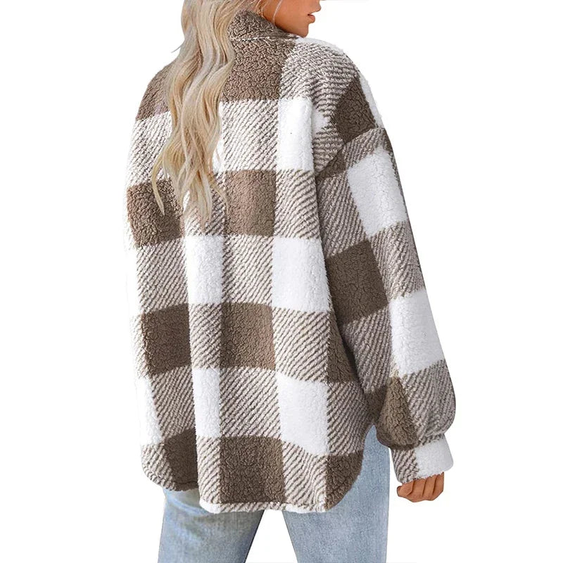 Women's Plaid Pattern Plush Coat™ Cardigan Fashion Loose Long Sleeve Jacket