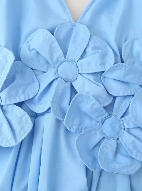 Women's V-Neck Blue Dress™ Waist-Fitted Bow-Decored Long Dress