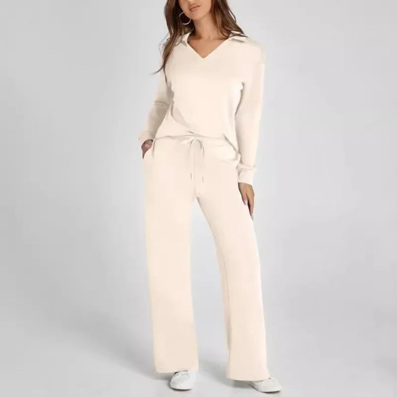 Women's 2 Piece Set™ Loose Long Sleeve V-Neck Top with Drawstring Elastic Waist Bell BottomsSet