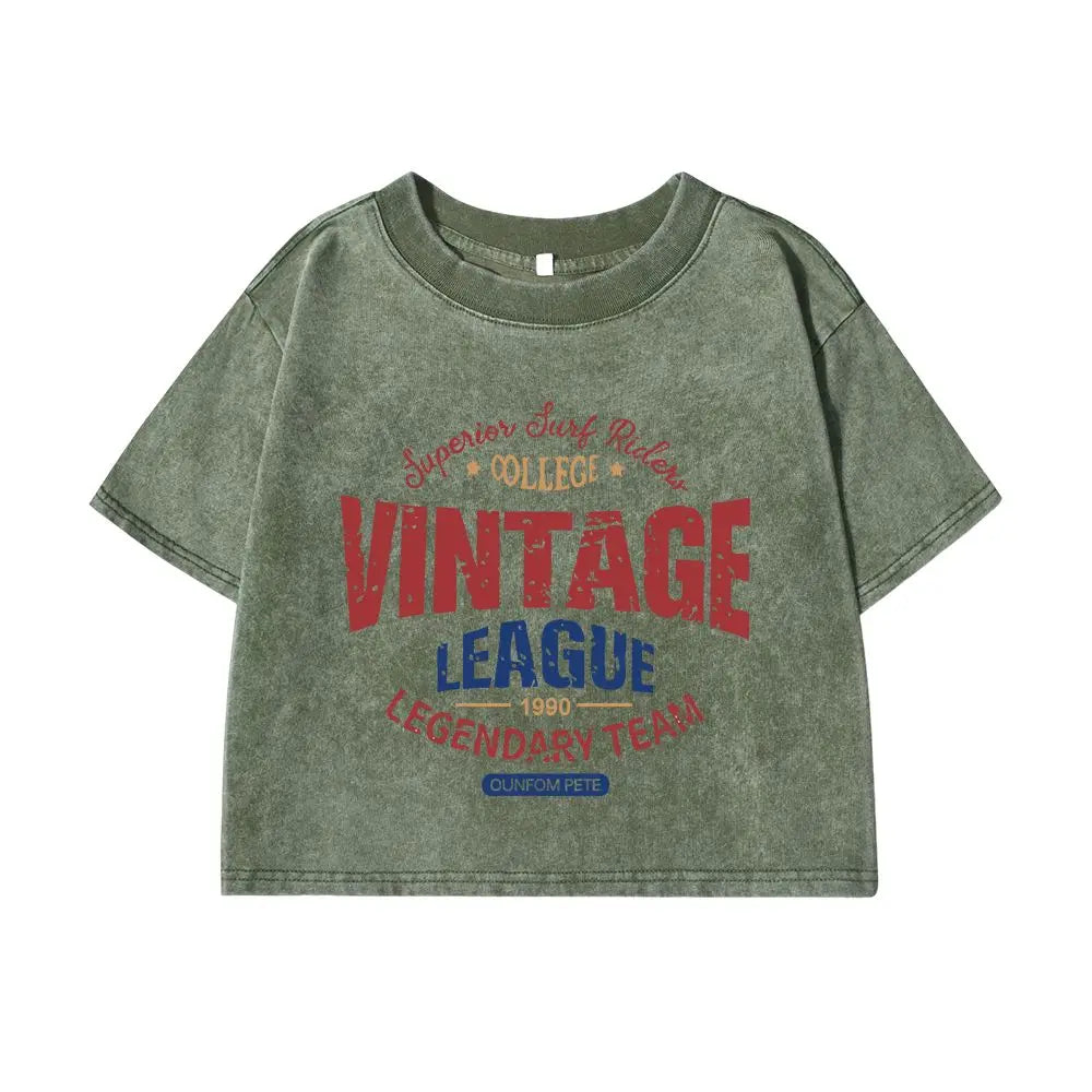 Women's Cotton Crop Washed T-Shirts™ Vintage League Letter Prints Short Sleeve Loose Tops