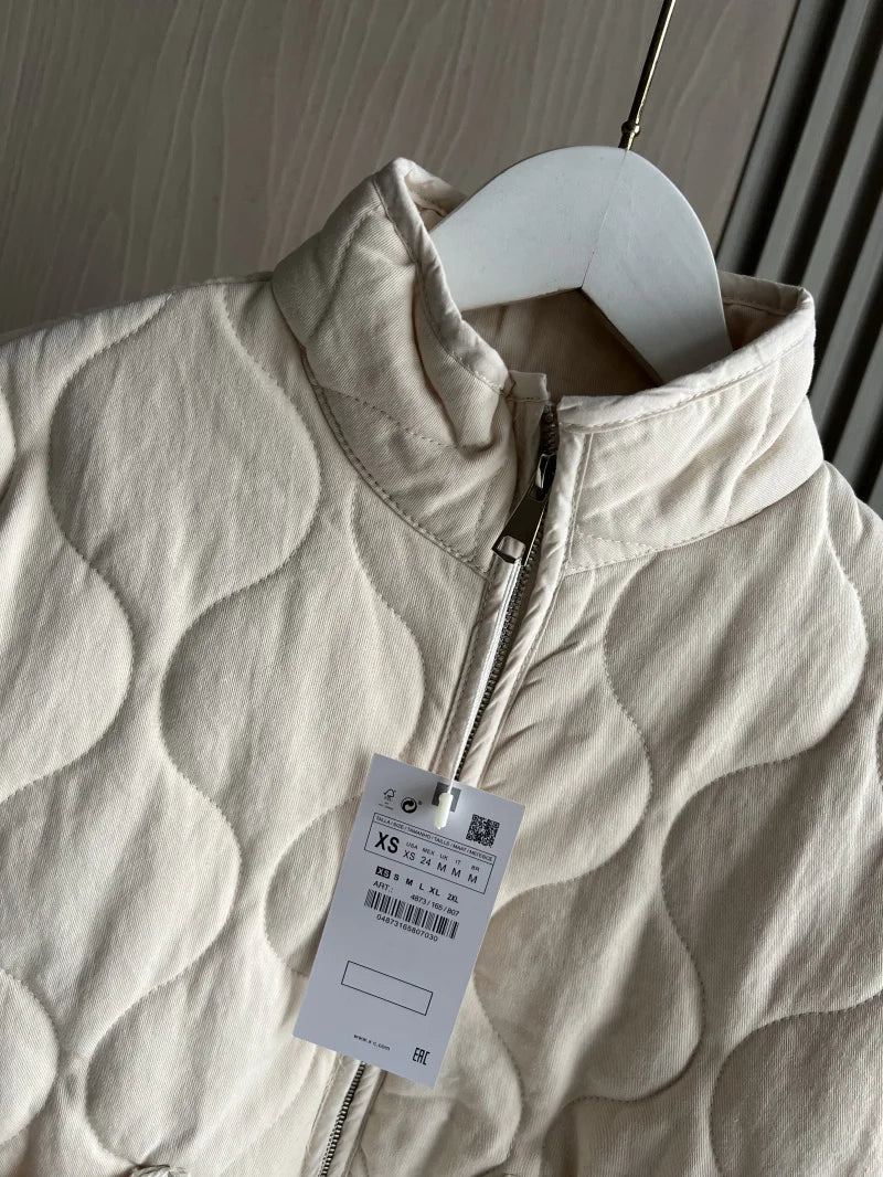 ZW Women's Cotton Jacket™ Traf New Arrival Vintage Lensing Rayon High Collar Large Pocket Quilted Coat