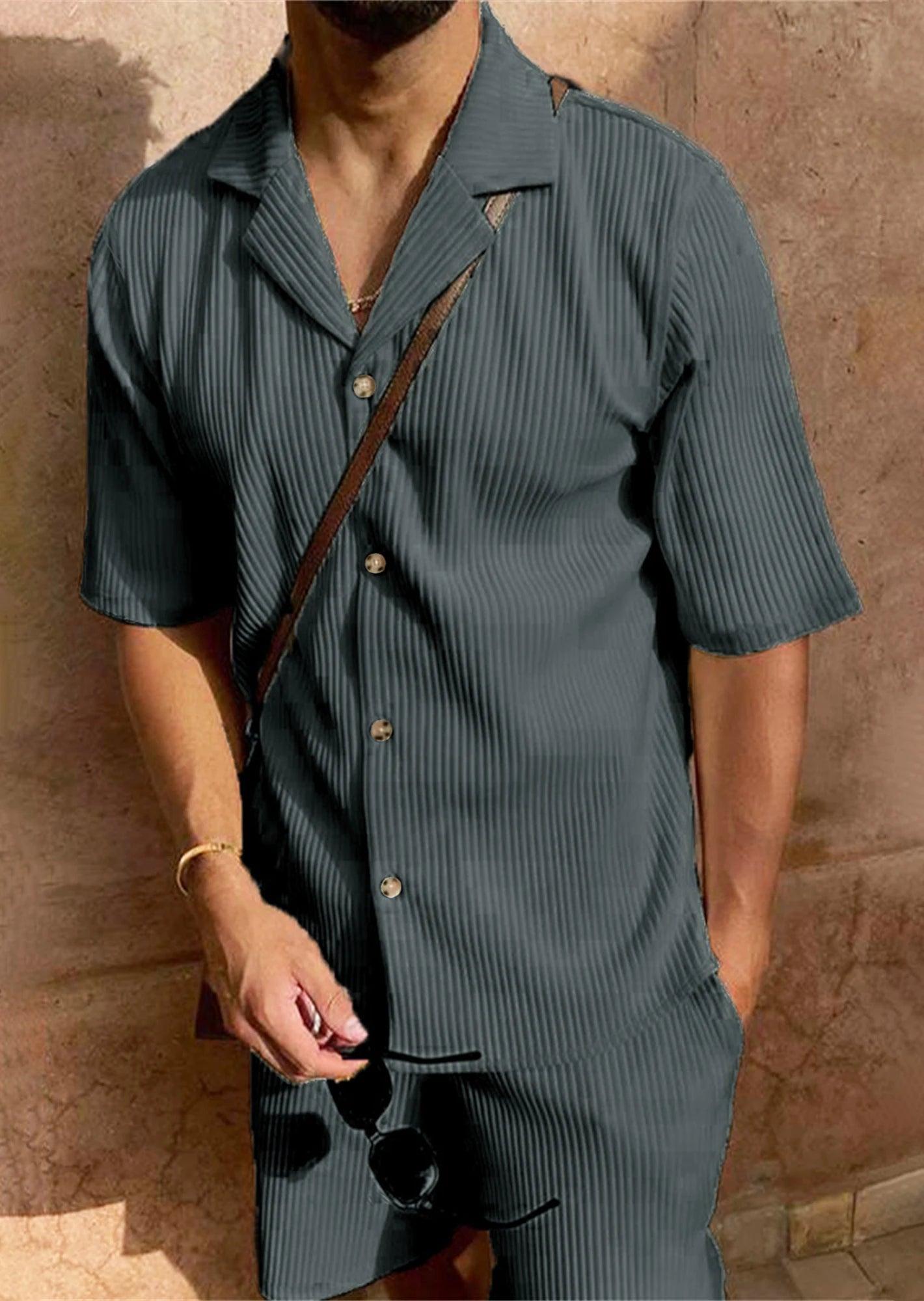 Men's Summer Suit™ Spring/Summer corduroy shorts sleeve shirt and shorts casual suit