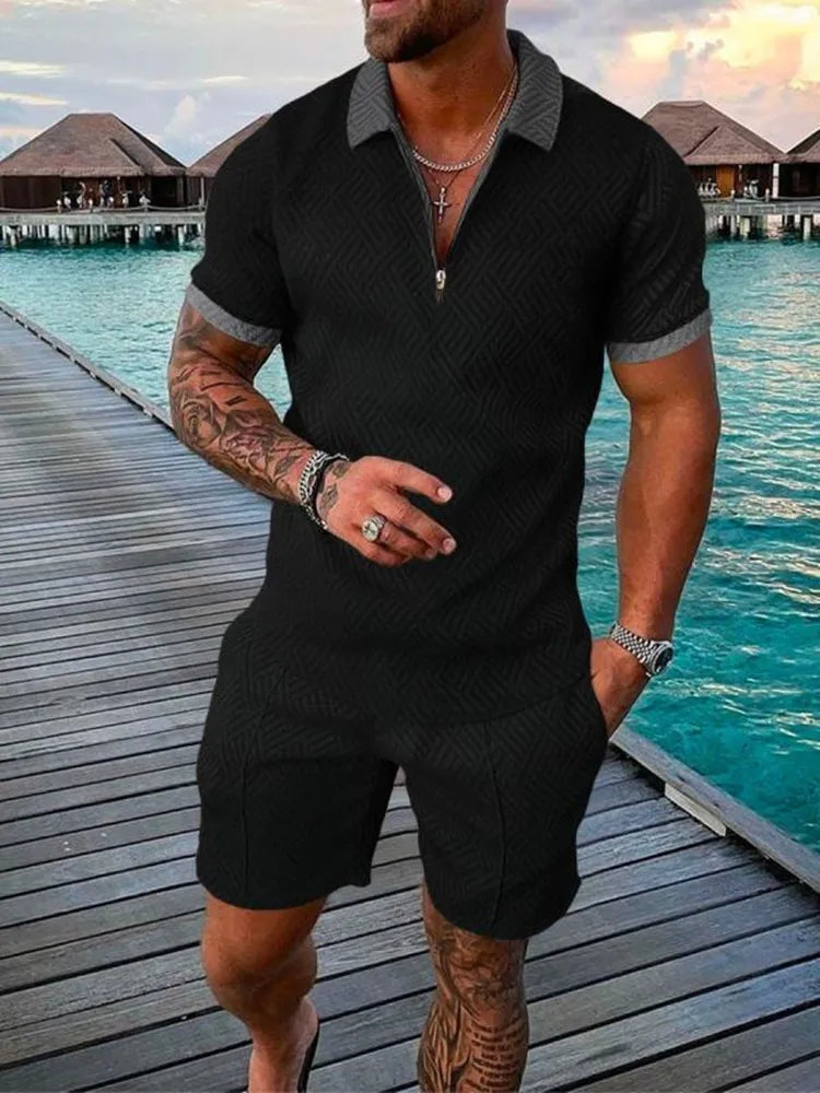 Men's Shorts Set™ Short Sleeve Zip Polo Shirt Street T-shirt Two Piece Casual Sportswear