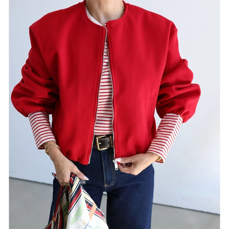Women's Zipper Bomber Jackets™ TRAF Soft Cropped Long Sleeve Sports Jacket