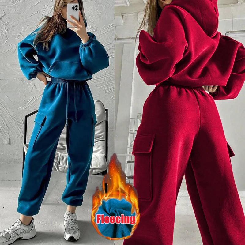 Women's suit sporty clothes™ Long Sleeve Hooded Short Sweatshirt Warm Long Sweatpants