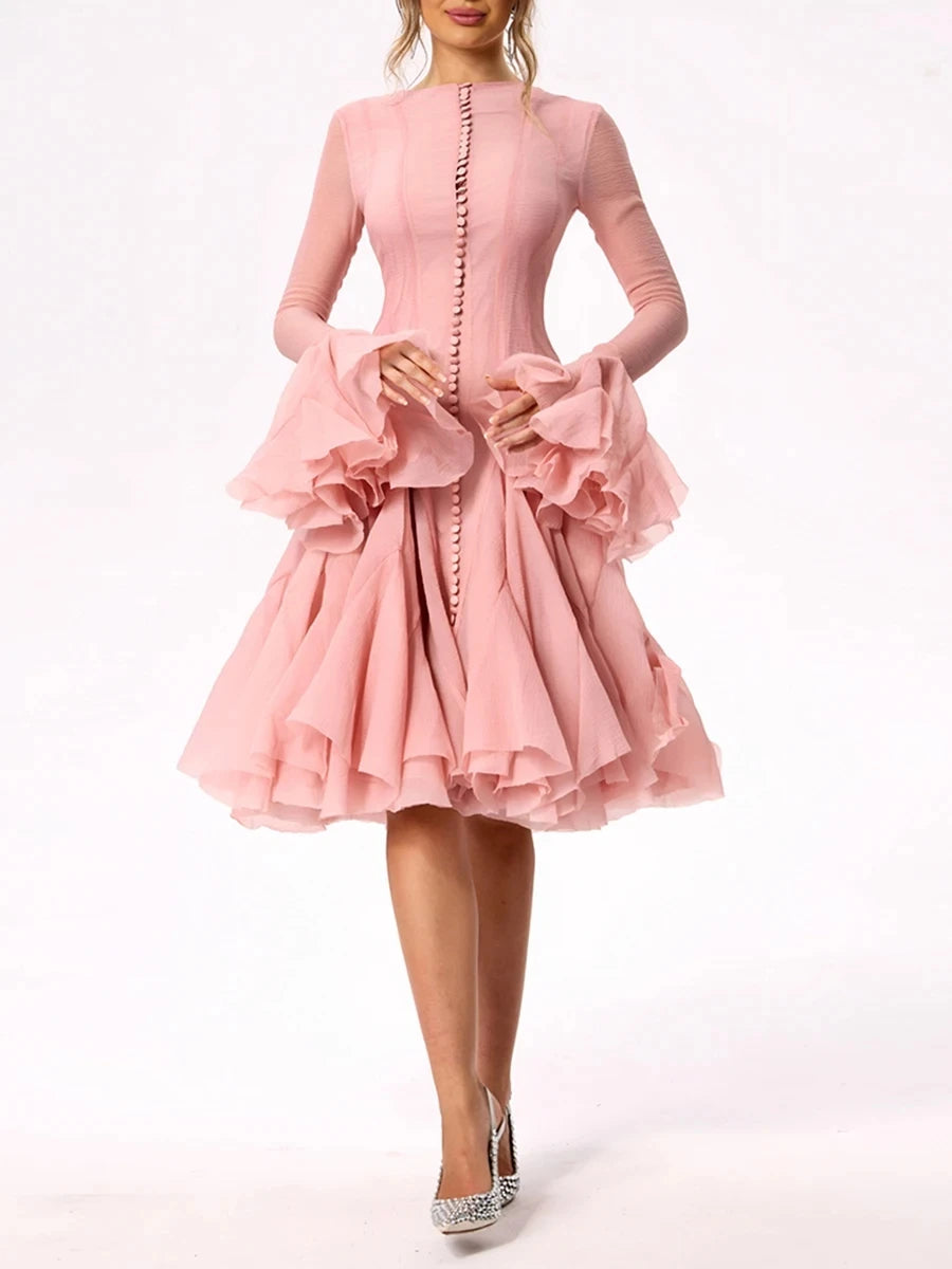 Women's Dress™ VGH Sweet Ruffles Elegant Knee Length Round Neck Flare Sleeve High Waist Spliced Button Dress