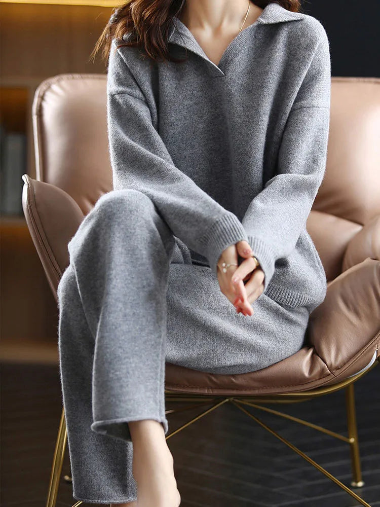 Women's Loose Knitted Sets™ Korean Polo Collar Sweater Pullover High Waist Pants
