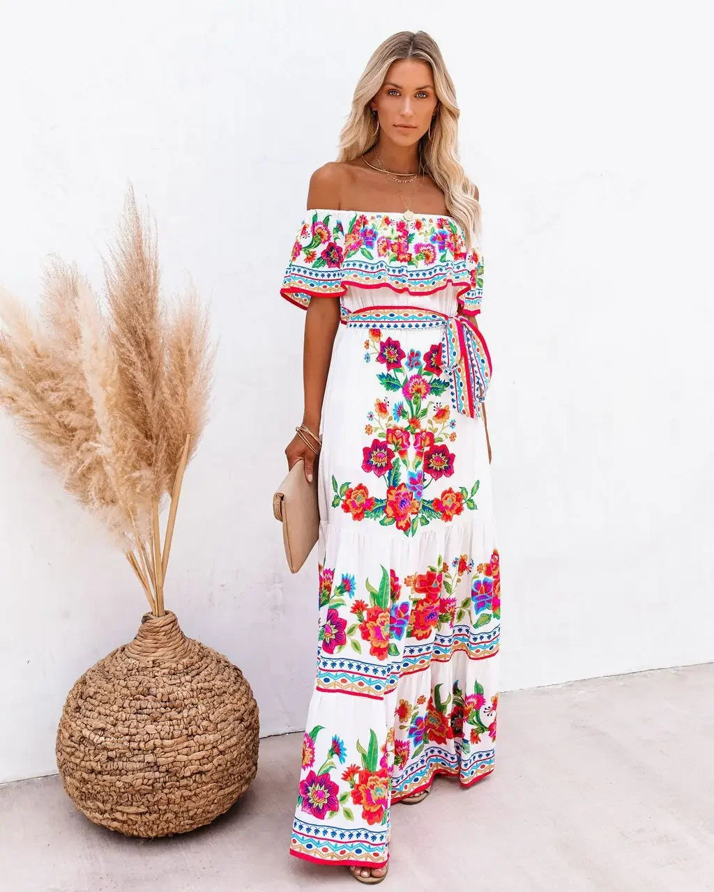 Women's Spring Summer Dresses™ Stand Off-shoulder Red Flower Printing Long Oversized Wide Hemline Sleeveless Dress