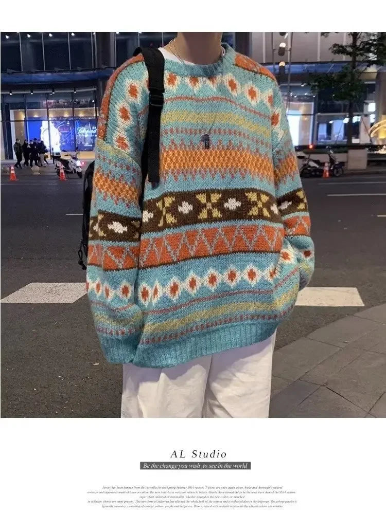 Men's Vintage Sweater™ Trendy Ethnic Striped Loose-Fit Knitted Crew Neck Idle Style Sweater