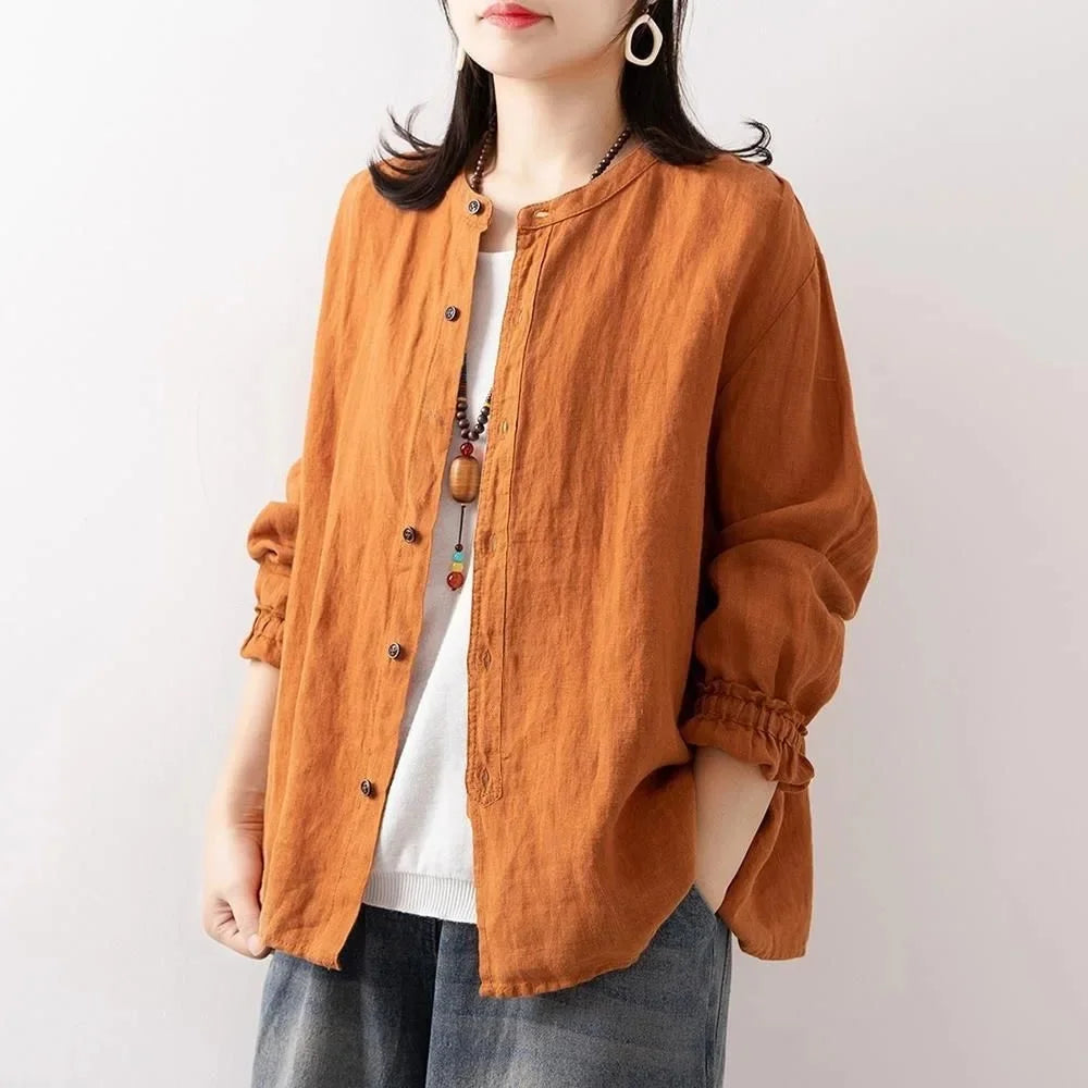 Women's Cotton Linen Shirts™ Loose Fit Round Neck Plus Lantern Sleeve Shirt