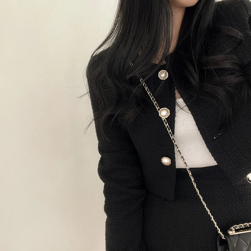 HELIAR Women's Jacket & Skirt Set™ Tweed Long Sleeve Pearl Buttons Short Jacket and A-line Mini Skirt Outfits