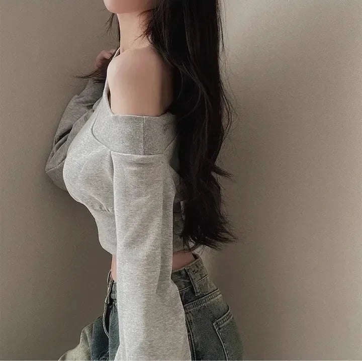 Women's Off-the-shoulder Sweatshirt™ Cropped Top Embroidery Loose-fit Windy Sweatshirt