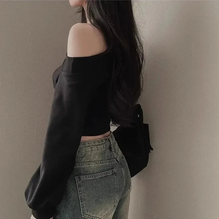 Women's Off-the-shoulder Sweatshirt™ Cropped Top Embroidery Loose-fit Windy Sweatshirt