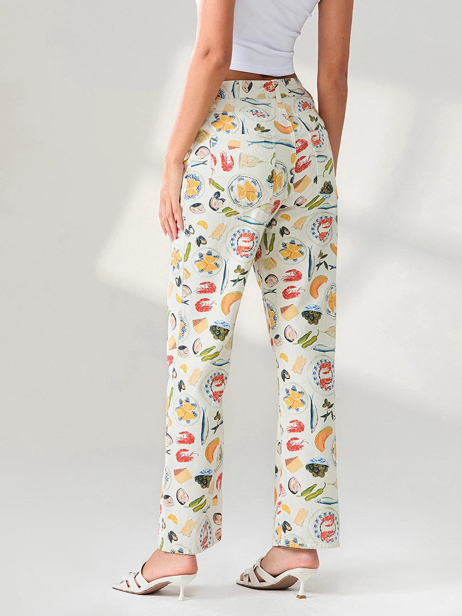 Women's Y2k Graphic Print Jeans™ Straight Leg Vintage Aesthetic Denim Pants