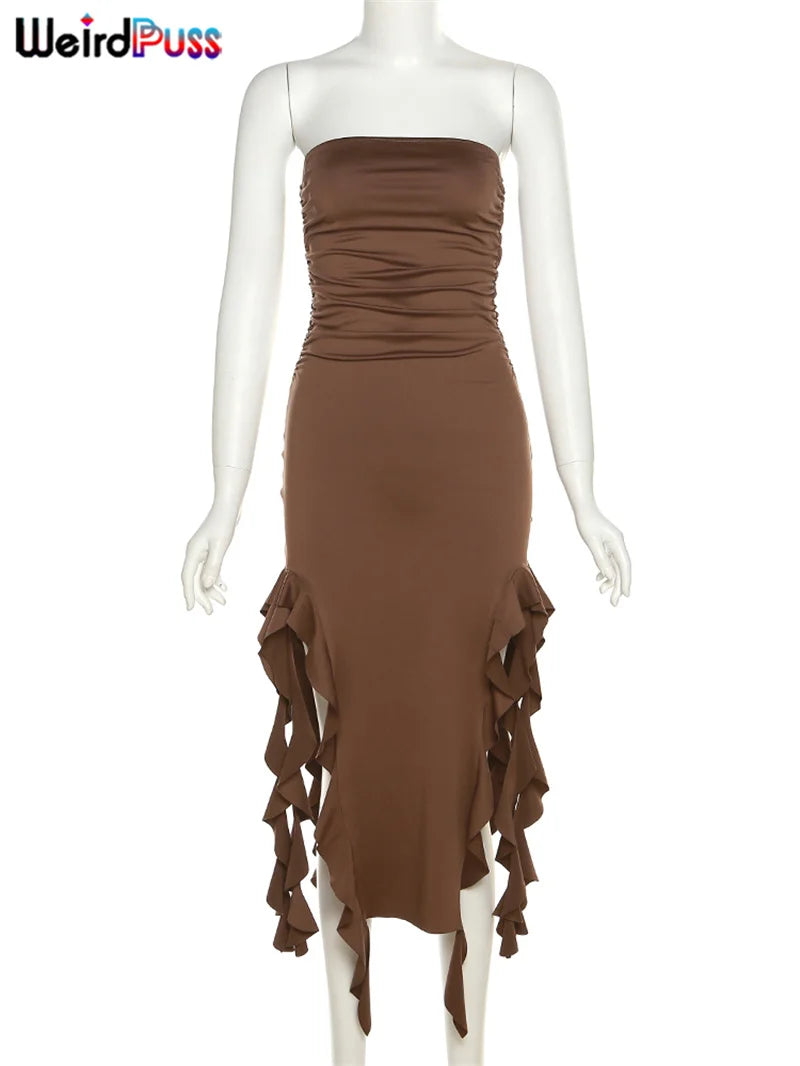 Women's Elegant Strapless Dress™ Irregular Tassel Trend Skinny Split Maxi Bodycon Dress
