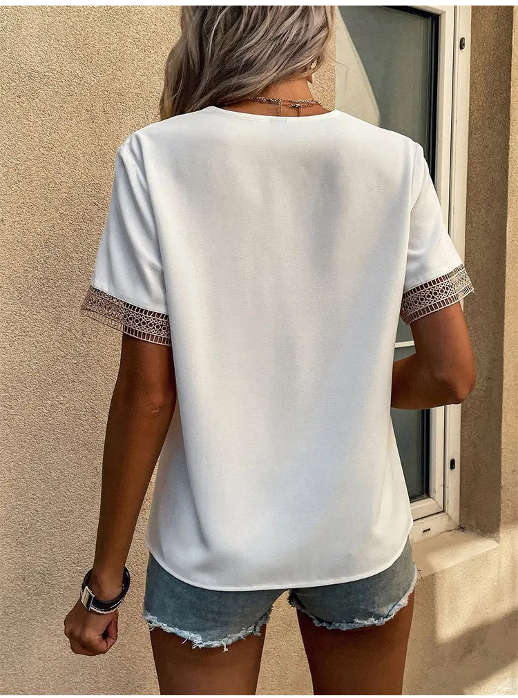 Women's Short Sleeve T-Shirt™ Summer Slim Fit Pullover Basic Tees V Neck Lace Tops Y2k Clothes
