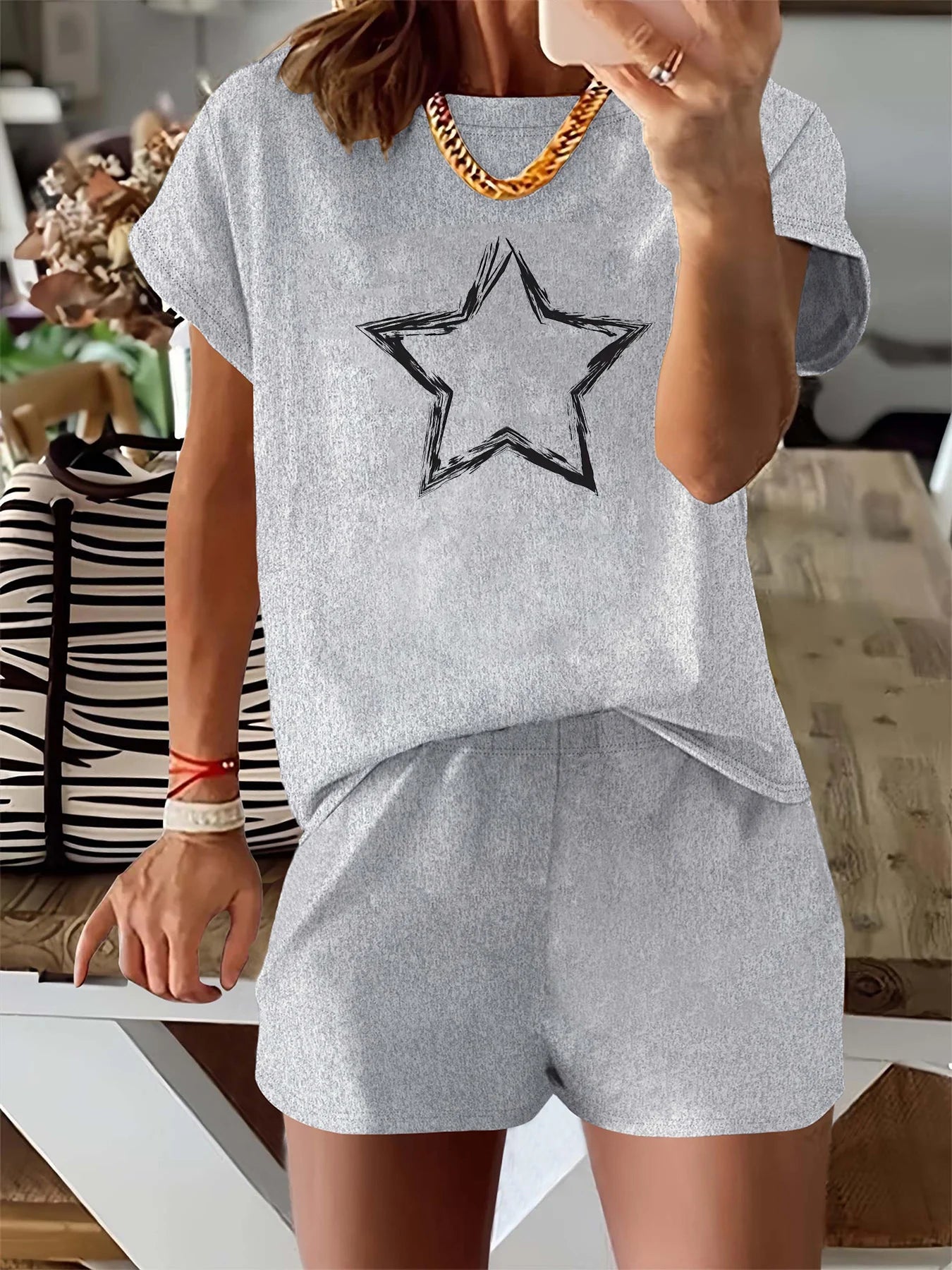 Women's Summer pattern printed shirt & shorts set™ loose round neck short sleeved T-shirt shorts two-piece set