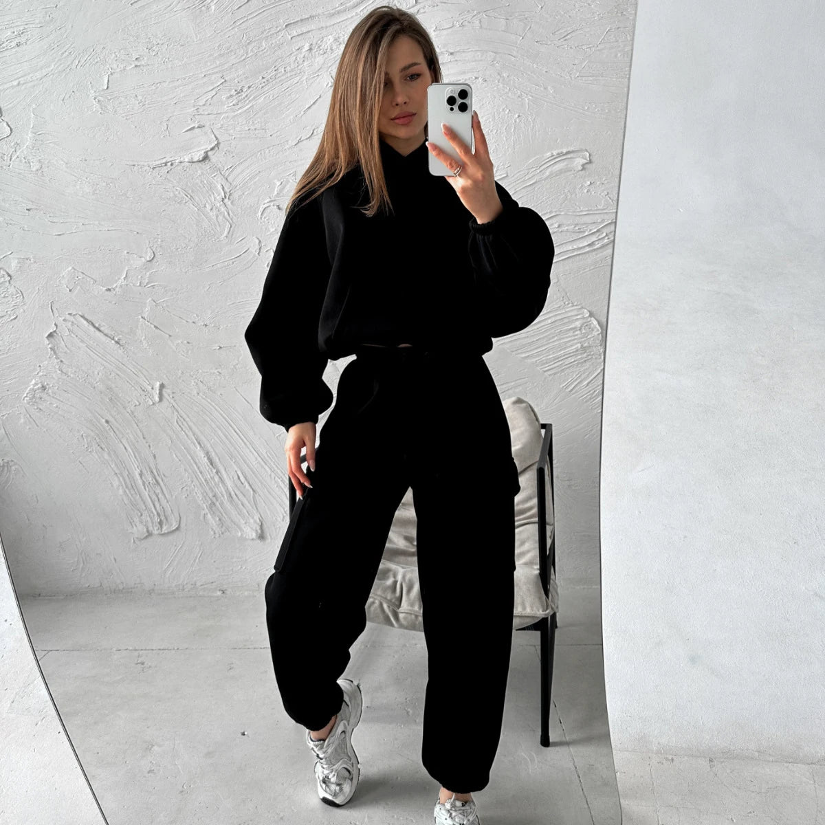 Women's suit sporty clothes™ Long Sleeve Hooded Short Sweatshirt Warm Long Sweatpants