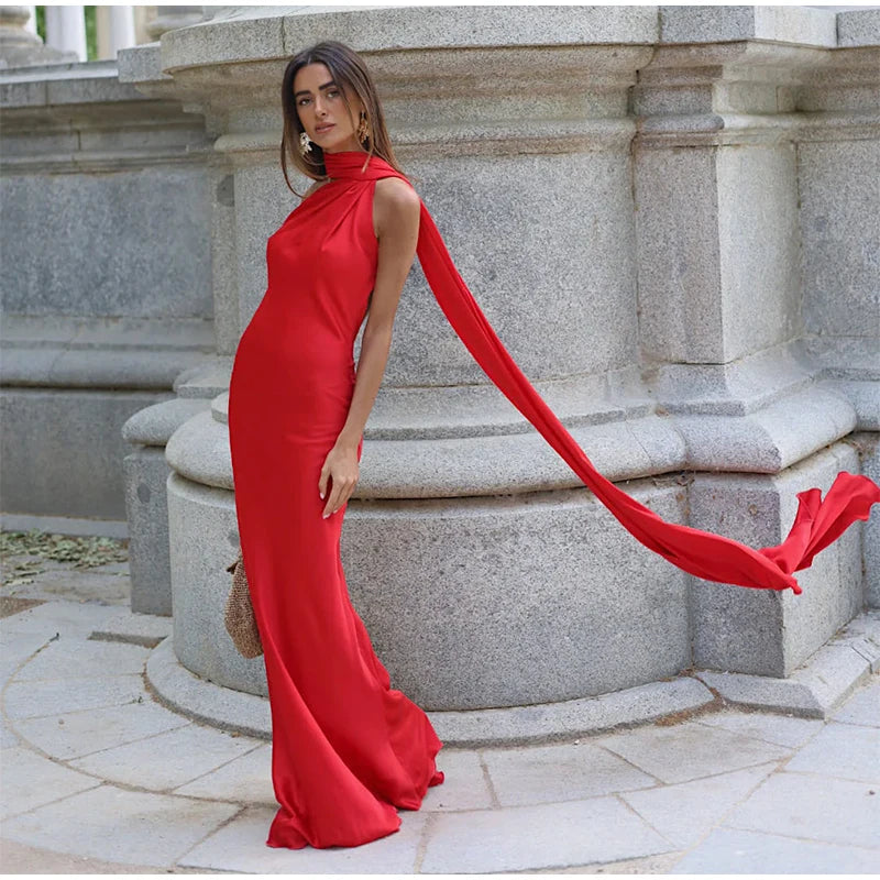 Women's Solid Ribbon Halter Dress™ Off Shoulder Sleeveless Backless Slim Maxi Dresses