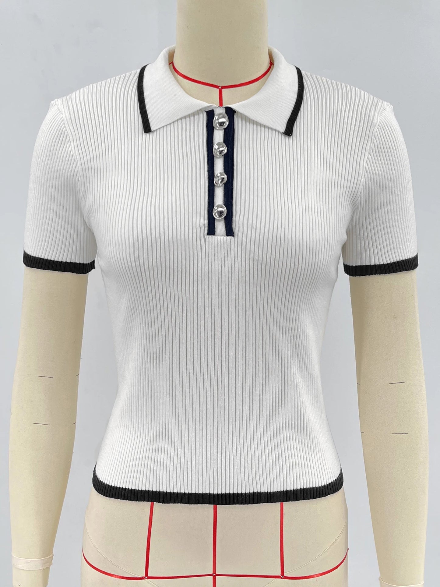 Women's Summer Knit Tops™ Short Sleeve Patchwork Slim Lapel Ribbed Tees