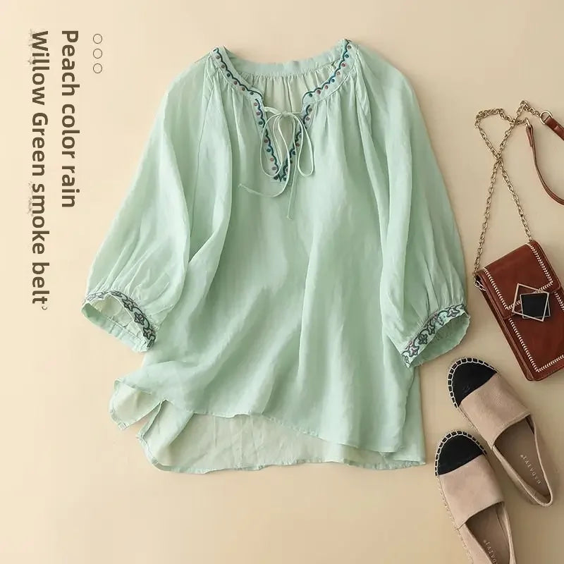 Women's Soft Cotton T-shirt™ V-neck 3/4 Sleeve Neckline Drawstring Summer Top