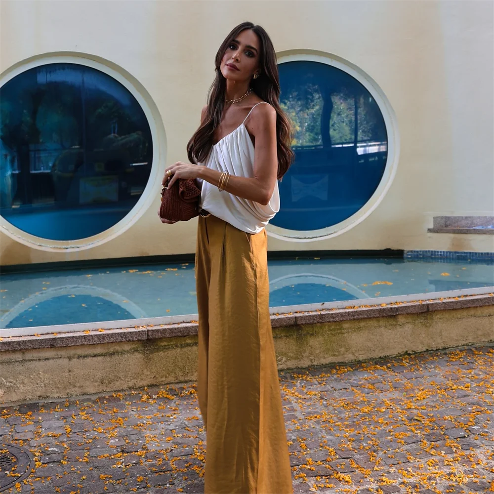Women's Solid Color Belt Satin Pants™ Textured Wide Leg Casual Pants