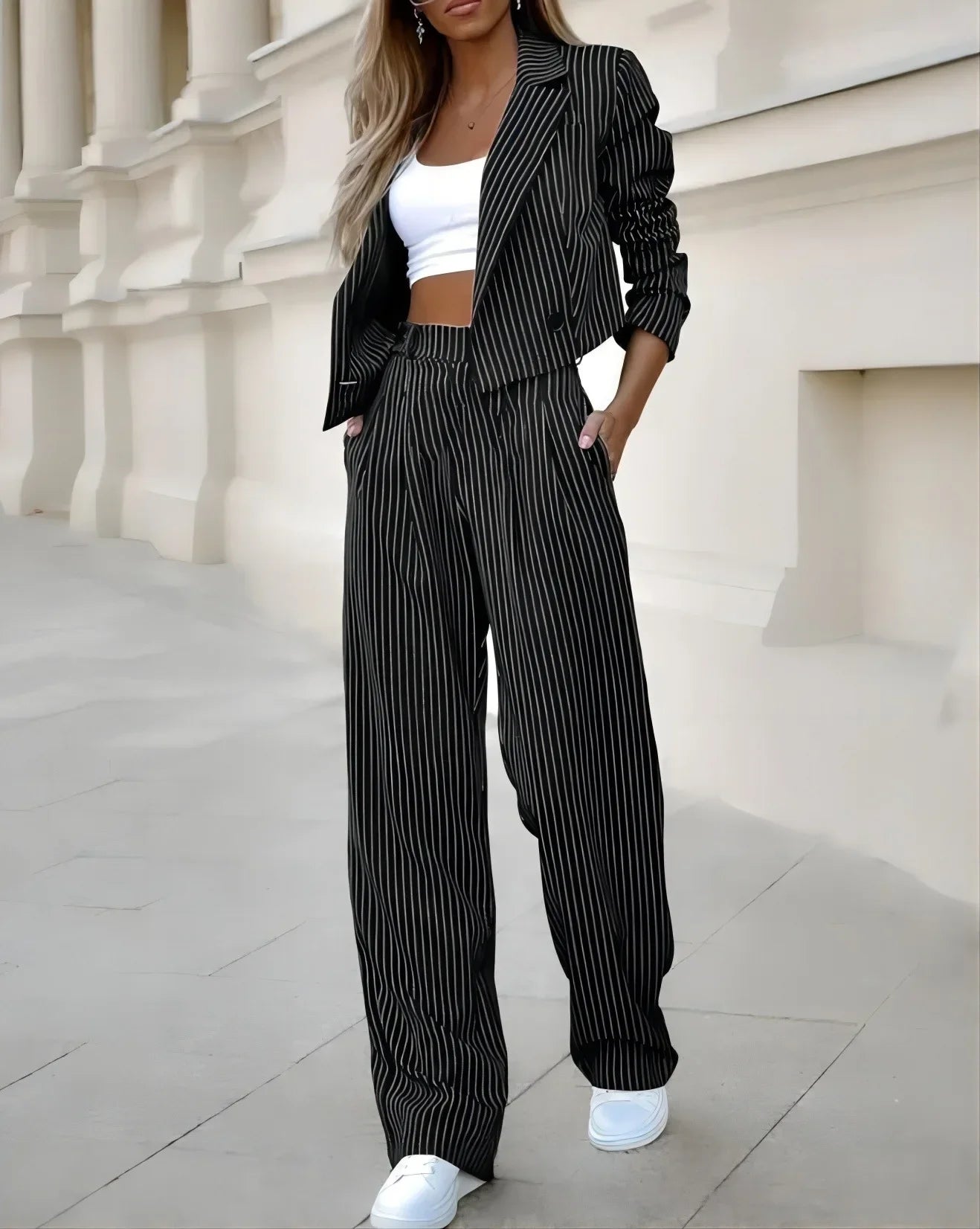 Women's Suit™ Europe and America Temperament Casual Striped Short Style Collar Suit Straight Leg Pants Set